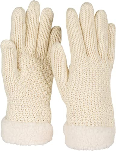 styleBREAKER Guantes de invierno para damas con estampado de perlas y vellón, guantes de punto térmico, guantes para los dedos 09010032, color:Beige