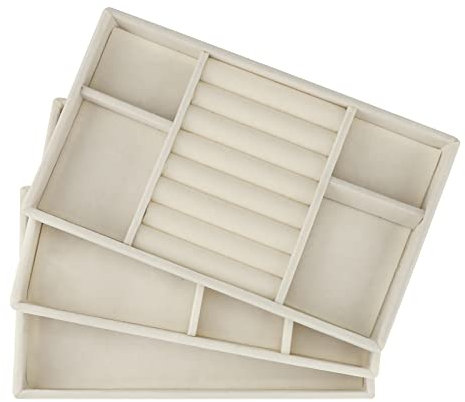 Jewelry Trays Organizer Set of 3 Velvet Stackable Jewellery Drawer Organiser Tray Earring Ring Necklace Bracelet Display Showcase Jewelry Storage Trays, 3 Style (Beige)
