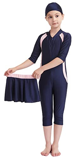 IMEKIS Girls Modest Muslim Swimwear UPF 50+ UV Islamic Hijab Burkini Half Sleeve One Piece Bodysuit Rash Guard Swimsuit with Short Skirt Swim Cap 3pcs Bathing Suit Beachwear Navy Blue 9-10 Years