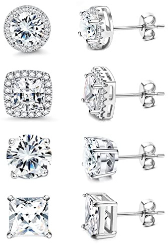 MILACOLATO Cubic Zirconia Stud Earrings Women Men 18K White Gold Plated Hypoallergenic Sterling Silver Post Earrings Brilliant Large Simulated Diamond Halo Stud Earrings for Sensitive Ears