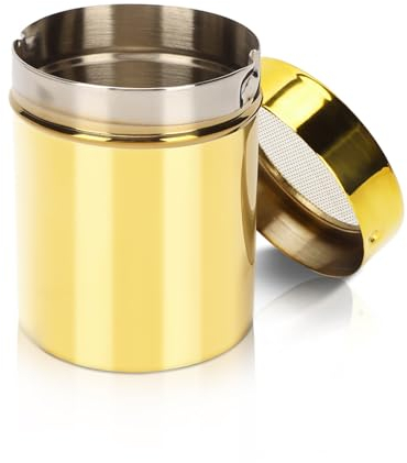 Spargitore per zucchero a velo con coperchio, in acciaio inox resistente alla ruggine, oro a maglia fine, spargitore di cacao, dispenser di zucchero, per colino, cacao, cannella, z