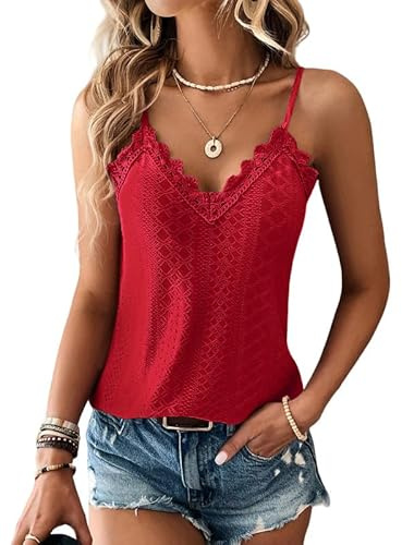 Haibang Debardeur Femme Chic et Élégant Été Top Caraco Dentelle sans Manche Bretelles Spaghetti Haut Sexy Lâche Chemise Oeillet Broderie Camisole Mode Casual Tank Tops