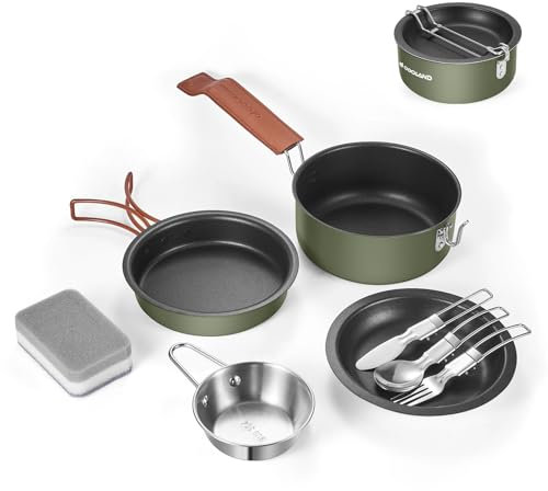 Odoland Set da 10 pentole da campeggio, di alta qualità, leggero, con piatto, ciotola, forchette, coltelli, cucchiai, perfetto per escursioni, campeggio, escursioni e picnic, colore: verde