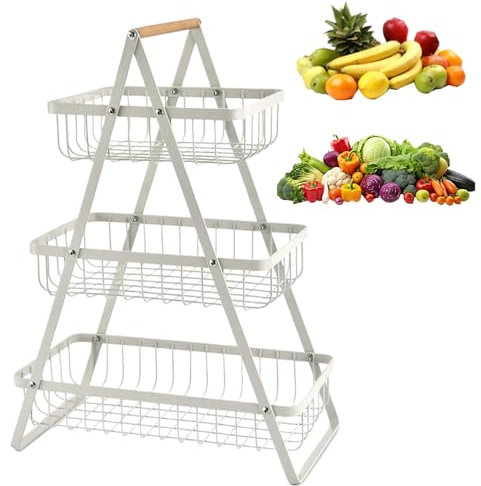 Sightday 3 Etagen Obstkorb,Gemüse Aufbewahrung,Obstkorb Etagere Mit Hölzerner Griff,Abnehmbar Metallkorb Küchenorganizer,Obst Und Gemüse Aufbewahrung,Gemüseregal für Brot,Gemüse,Snacks(Weiß)