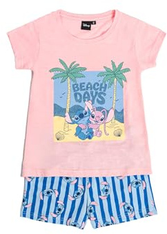 Disney Pijama Niña Verano 100% Algodón - Pijama Manga Corta Stitch Waves para Niña – Pantalón Corto con Cinturilla Elástica Estampado – Tejido Suave al Tacto, Rosa - Talla 10 Años