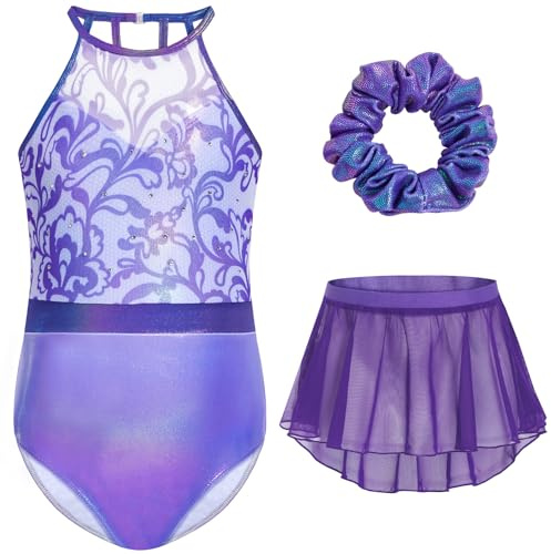 Gogokids Filles 3 PCS Ensemble de Gymnastique Halter, Enfants Justaucorps de Gymnastique avec Design en Strass & Maille, Ballet Scintillant Comprend Justaucorp, Jupe en Mousseline & Hairband pour 3-12