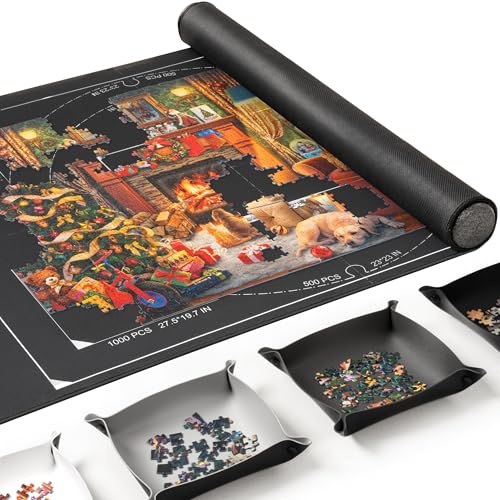 ROPODA Tapis de Puzzle, Plateau de Puzzle pour 1500 Pièces avec 4 Grands Plateaux de Tri, Tapis Puzzles avec RouleauAntidérapant, Roll Up Mat avec Accessoires pour Enfants et Adultes