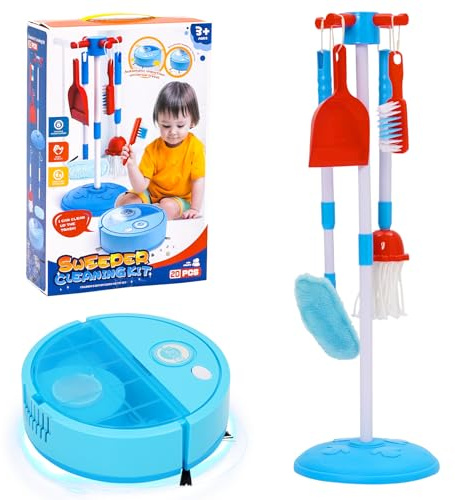 Cleaning Set Toy, Broom and Dustpan Toy Children with Robot Vacuum Cleaner, 6 Pieces Simulation Game Toys for Children 2 3 4 Years Old