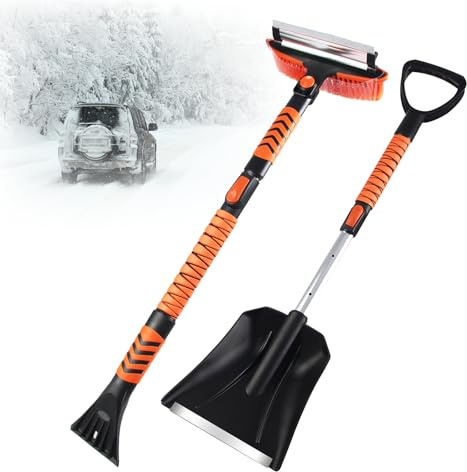 Grattoir à glace 5 en 1 avec balai, brosse de nettoyage pour voiture, brosse à neige, tête de brosse rotative amovible, grattoir à glace, tête de brosse à neige, pelle à neige