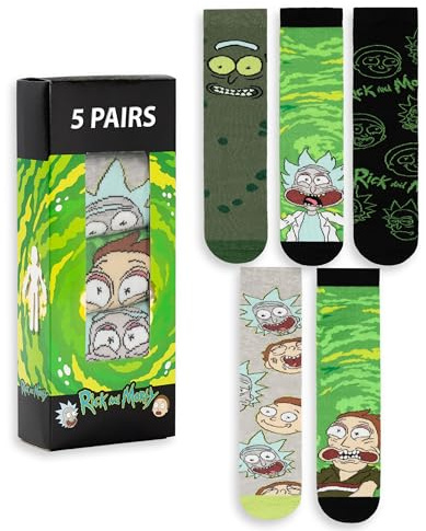 RICK AND MORTY Grüne Wadensocken für Herren, 5er-Set | Lustige Charaktermuster mit Rick & Morty | Alltagskleidung | Bequeme Socken für Fans | R&M Merchandise – 7-11 UK