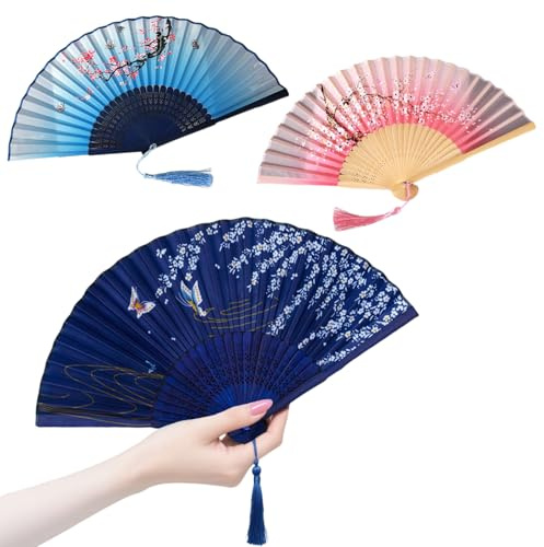 GWAWG 3 Pack Hand Fan Folding Set, Retro Chinese Style Foldable Fans with Carved Wooden Frame, Portable Paper Handheld Fans for Wedding Dance Party Outdoor Performance Travel Accessories Festival