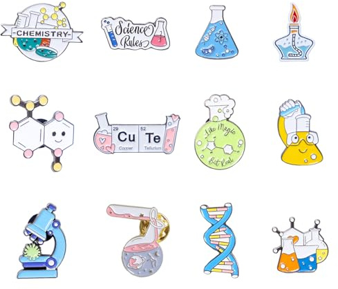 Sxutop 12 Pezzi Spilla Scientifici di Smalto Scienza Spilla Smaltata Metallo Perni Scientifici di Smalto Spille Decorative Creative Spille di Cartoni Animati per Vestiti, Borse, Artigianato Fai Da Te