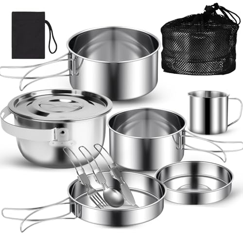 10PCS Set de Cuisine de Camping en Acier Inoxydable, Kit de Casseroles Camping avec 1.2L Marmite de Camping, Poêles, Couverts Pliables et Tasses de Camping, pour Camping, Randonnée et Pique-Nique