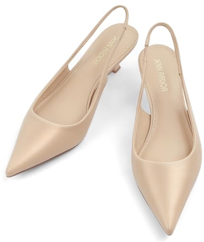 JENN ARDOR Nude Kitten Heels for Women Slingback Dressy Pumps Short Low Heeled Corporate Brown Pointed Toe Fashion Casual Frech Chic Shoes Size 9.5