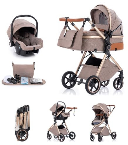 Kakbgee Passeggino 3 in 1 con Seggiolino Auto, Carrozzina Piegevole, 7-Altezza Regolabile, Sospensione 4 Ruote, Copripioggia e Zanzariera, Baby Stroller per Neonati 0-3 Anni (15kg), Cachi