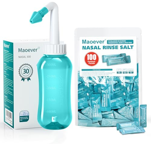 MAOEVER Neti Pot with 130 Nasal Wash Salt Packets Sinus Rinse Bottle Nose Wash Cleaner Pressure Rinse Nasal Irrigation for Adult & Kid BPA Free 300 ML Sticker Thermometer