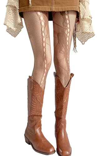 Nucelit mönstrade strumpor leggings hög midja tights för kvinnor fisknät lårhöga strumpbyxor mönstrade strumpbyxor, Brun, one size