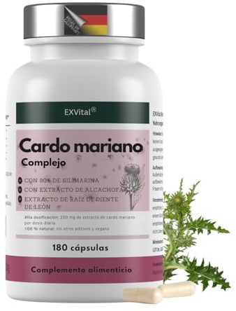 Complejo de cardo mariano con alcachofa y diente de león, 180 cápsulas, Alta concentración con un 80% de silimarina, 250 mg de extracto de cardo mariano por cápsula, apto para veganos y sin aditivos