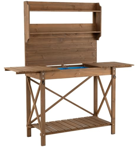 TANGZON Garden Potting Table, Wooden Germination Bench with Sliding Tabletop, Removable Sink, Bottom & Top Shelf, Outdoor Planting Workstation for Patio Courtyard (Brown, 100-155 x 44 x 160 cm)