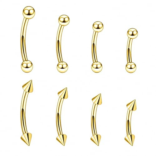 QZKJQDD 8Pcs Gold Eyebrow Piercing Jewellery, Stainless Steel Curved Barbell Piercing Set, Vertical Labret Lip Bars, Eyebrow Bar, Rook Tragus Cartilage Earrings, 6/8/10/12mm