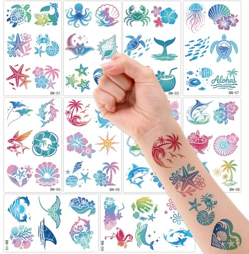 Qpout Hawaiian Ocean tillfälliga tatueringar för barn – havsdjur, färgglada undervattensvarelser, hajar, snäckor och andra mönster för Luau Aloha fest, sommarlov, strand