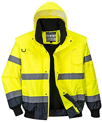 Portwest C465 Hi-Vis 3-in-1 Waterproof Contrast Hooded Bomber Jacket with Pockets - Reflective Outdoor Safety Security Workwear Coat, Yellow/Navy, 5XL