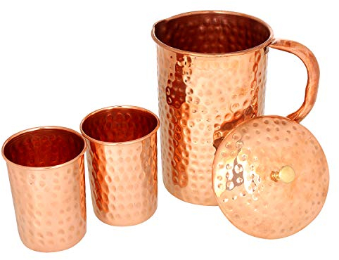 Zap Impex Kupferkrug gehämmert mit 2 Gläsern aus Kupfer für gesundheitliche Vorteile Kupferwasserkrug 1600 ml Braun