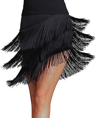 Donna Latine Tango Sala da Ballo Nappa Gonna con Frange Samba Salsa Abito da Ballo Dancewear (Nero, Etichetta XL(US M): Vita 76cm/29)