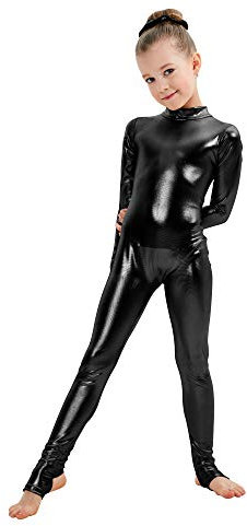 Kepblom Girls Shiny Metallic Mock Neck Unitard Long Sleeve Zipper Back One Piece Bodysuit Costume