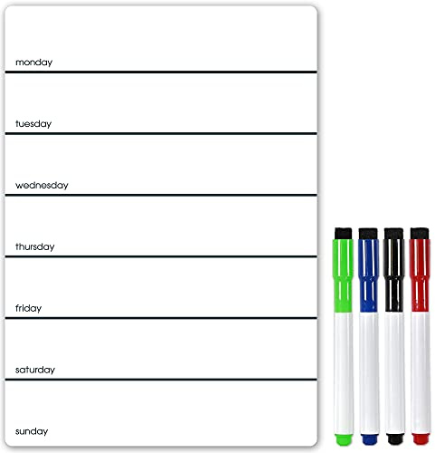 TMS A4 Magnetic Weekly Planner and Dry Wipe Pens, Fridge Whiteboard Meal Planner and to Do List - Dry Erase Memo Board or Calendar for Notes or Daily Reminder (Black, A4 + 4 Pens)