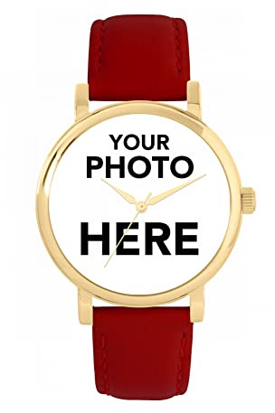 Toff London Regalos Personalizados con Foto para Mujer, Reloj con Pantalla analógica, Movimiento de Cuarzo japonés y Correa de Piel roja, Reloj Grabado a Medida