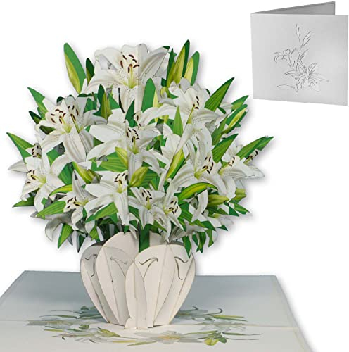 LINPopUp®, Carte pop-up 3D Lys - Carte anniversaire - Carte de voeux - Carte surprise pliable avec effet 3D - Bouquet de fleurs, Cartes pop-up Lys blancs, LIN17760, N500