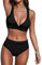 CUPSHE Women Bikini Set High Waist V Neck Wide Straps Back Hook Removable Soft Cups Vintage Push Up Swimsuit 2 Piece Black XL