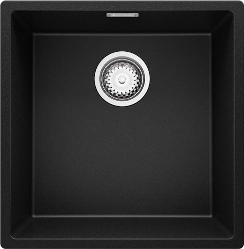 PRIMAGRAN Lavello sottotop Nero 46x47cm, Lavandino in Granito a 1 vasca + Sifone Classico, Lavabo da Cucina al mobile 50cm - London S001