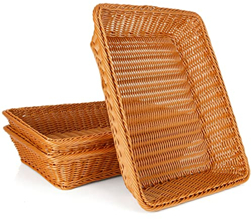 GOYADA 3PCS Rectangular Dark Brown Polypropylene Woven Baskets, 40x30x8cm Handmade Wicker Storage Baskets for Kitchen, Dining Room, Decoration