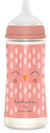 Suavinex, Babyflasche 360 ml mit physiologischem Sauger SX Pro aus Silikon, mit Anti-Colic-Ventil, schnellem Nahrungsfluss (L), für Babys +6 Monate, Bonhomia, Rosa