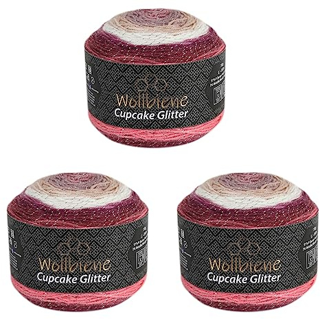 Cupcake Glitter Simli Lot de 3 pelotes de laine à tricoter, 150 g chacune, 450 g, pour tricot et crochet pour bébé, laine turque, dégradé de couleurs, paillettes (3080 baie, beige, marron)
