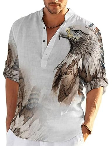 keepmore Chemise Henley pour Homme Chemises décontractées à Manches Longues et à Boutons Motif d'impression 3D d'un Aigle Chemise à col Montant Tops de Vacances d'été