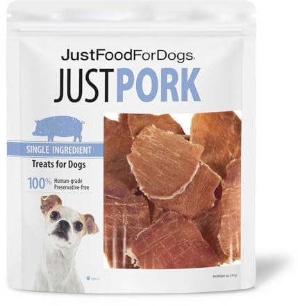 JustFoodForDogs Single Ingredient Healthy Dog Treats and Dog Snacks, Jerky Treats, Human Grade, Preservative and Grain Free, Rawhide Free Chews, Low Calorie Treat - Pork, 5 oz