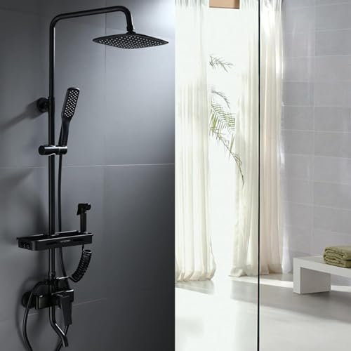 CALISTOUK 4 Modos Columna de Ducha con Grifo, Acero inoxidable Rociador superior/Ducha de mano, Lluvia Columna de Baño Multifuncional Altura Ajustable 72-115cm