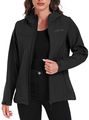 ATLASLAVA Softshelljacke Damen mit Kapuze Regenjacke Fleecejacke Wanderjacke Gefüttert Jacken Outdoor Wandern Schwarz L