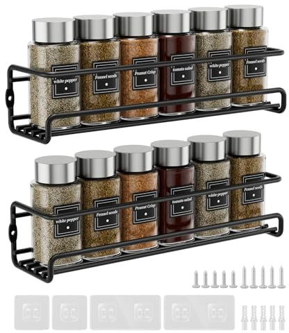 Estefanlo Spice Rack Wall Mounted, 2 Pack Spice Rack for Inside Cupboard, Adhesive Spice Organiser Kitchen Cupboard Organiser
