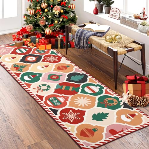 Christmas Runner Rugs for Hallway Non Slip 60x180cm, Washable Runner Rug for Kitchen, Low Pile Long Hall Runner Rug Narrow Rug, Xmas Entrance Rug Runner, Floor Carpet Runner Laundry Living Room
