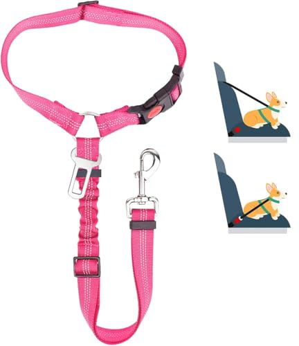 Dog Seat Belts For Cars, Dog Car Harness Adjustable, Headrest Dog Car Seat Belt Restraint Puppy, Elastic Pet Dog SeatBelt harness, Strong Leads Harness for Cats Dogs and Pets (Pink)