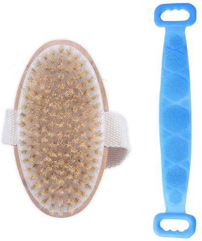 Set Spazzola Corpo a Secco e Spazzola Bagno Schiena, Spazzola Esfoliante e Stimolante Setole naturali per Massaggio a Secco, Scrubber Posteriore per Doccia in Silicone, Riduzione della Cellulite