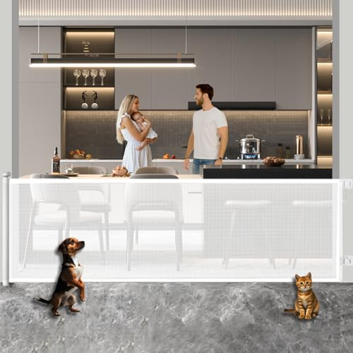 Huafly 98 Inch Retractable Baby Gates Extra Wide, no Drilling Baby Gates for Large Openings, Child Gates, Safety Gates, Extra Long Dog Gates on Doorways, Stairs, Outdoor, Indoor (White, 98 Inch)