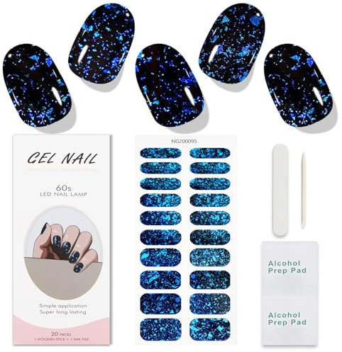 JMEOWIO Gel Nail Stickers Dark Blue Semi Cured Gel Nail Strips Wraps UV/LED Nails Art Design Decoration Accessories
