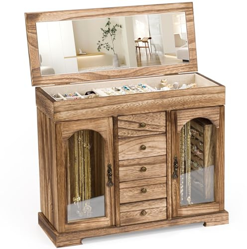Emfogoo Jewellery Box for Women Girls, Rustic Wooden Large Jewellery Organiser Box with Mirror, 6 Layer Jewellery Storage Case Display for Necklaces Earrings Rings Bracelets (Carbonized Brown)