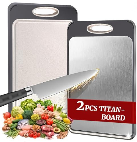2Pcs Titanium Cutting Board, Stainless Steel Chopping Board, Double-Sided Food Grade Cutting Board, Dishwasher Safe Ideal for Handling Meat and Vegetables Separately