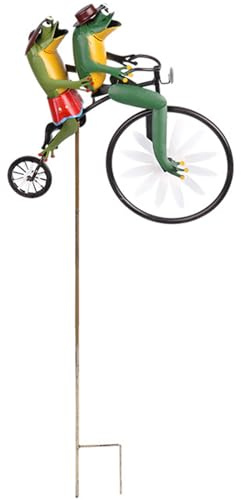 Vindsnurror för trädgård vintage cykel metall vindspinnare grodor på en cykel väderkvarn trädgårdsprydnad 3D djur på cykel skulpturer för gård gräsmatta dekorsnurrar